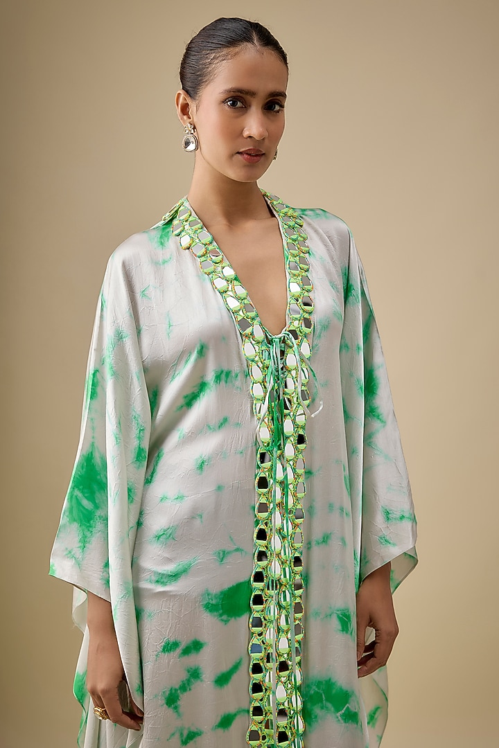 Ivory & Green Satin Silk Mirror Embroidered Kaftan by Akanksha Gajria at Pernia's Pop Up Shop