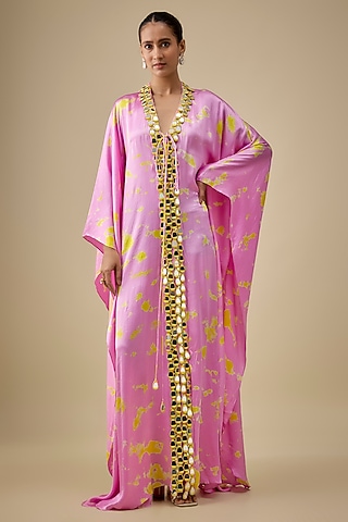 Lilac & Yellow Satin Silk Mirror Embroidered Kaftan by Akanksha Gajria