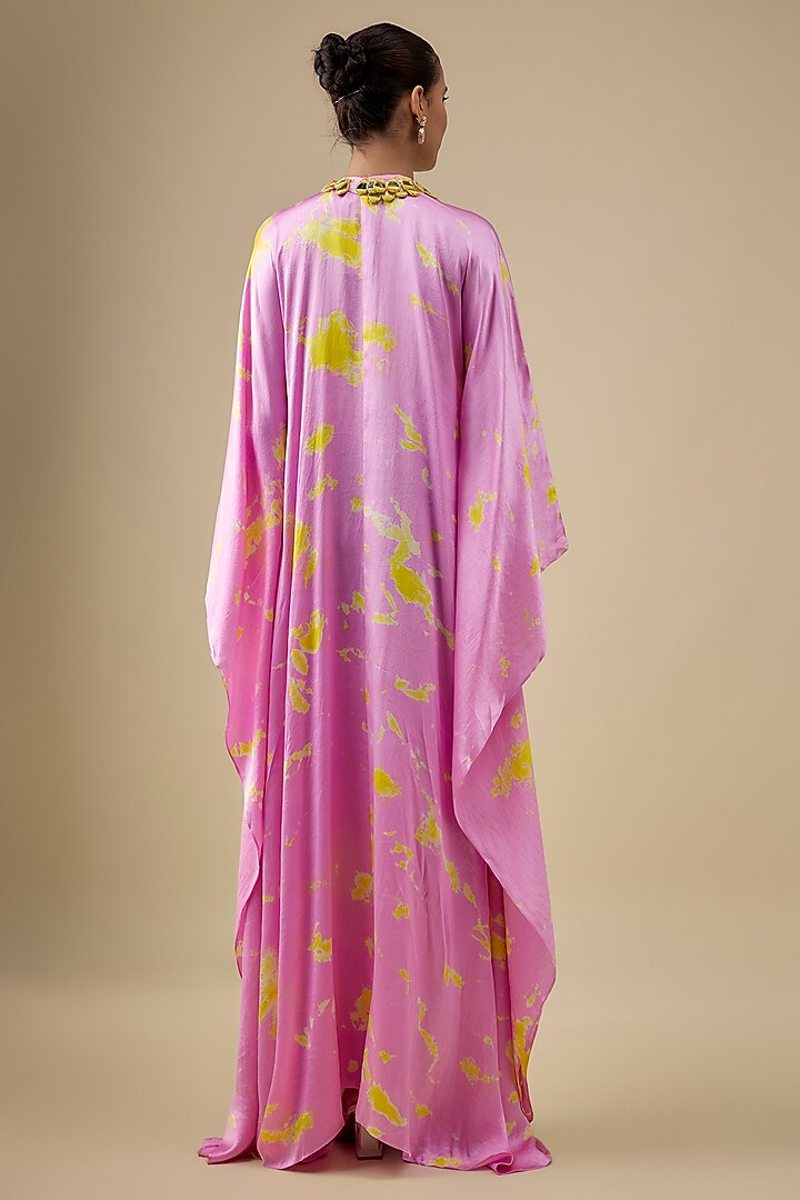 Lilac & Yellow Satin Silk Mirror Embroidered Kaftan by Akanksha Gajria at Pernia's Pop Up Shop