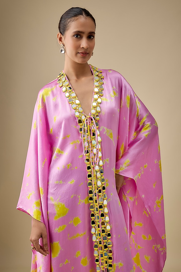 Lilac & Yellow Satin Silk Mirror Embroidered Kaftan by Akanksha Gajria at Pernia's Pop Up Shop