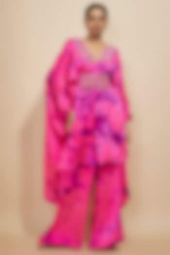 Pink & Purple Pure Satin Silk Embroidered Tie-Dye Kaftan Set by Akanksha Gajria at Pernia's Pop Up Shop