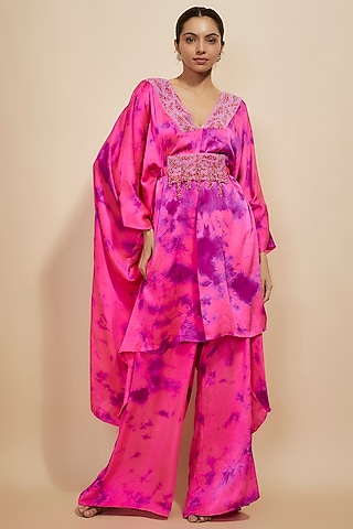 Pink & Purple Pure Satin Silk Embroidered Tie-Dye Kaftan Set by Akanksha Gajria