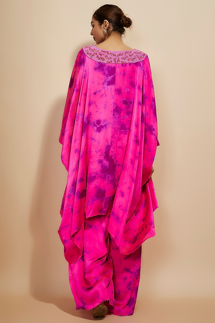Pink & Purple Pure Satin Silk Embroidered Tie-Dye Kaftan Set by Akanksha Gajria at Pernia's Pop Up Shop