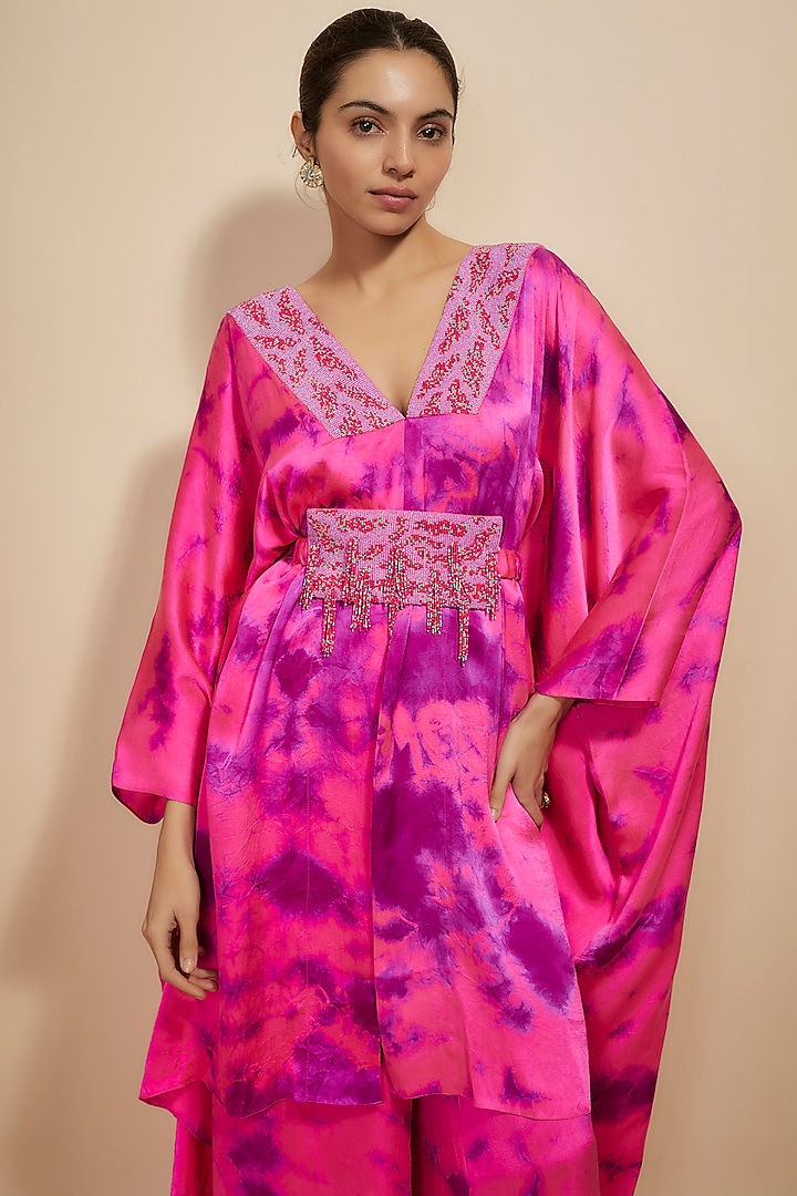 Pink & Purple Pure Satin Silk Embroidered Tie-Dye Kaftan Set by Akanksha Gajria at Pernia's Pop Up Shop