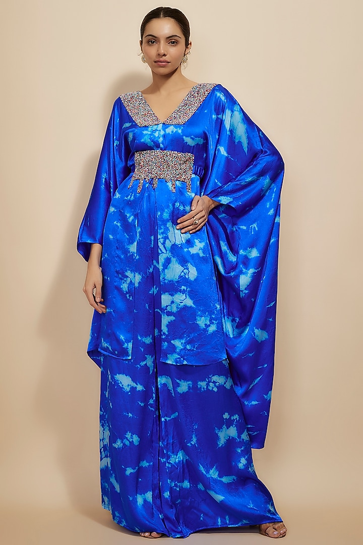 Navy Blue Pure Satin Silk Embroidered Tie-Dye Kaftan Set by Akanksha Gajria at Pernia's Pop Up Shop