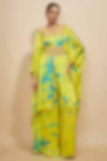 Yellow & Blue Pure Satin Silk Embroidered Tie-Dye Kaftan Set by Akanksha Gajria at Pernia's Pop Up Shop