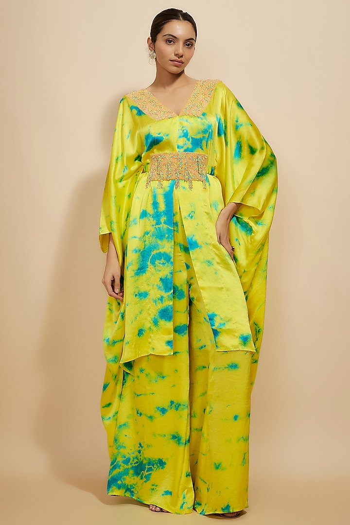 Yellow & Blue Pure Satin Silk Embroidered Tie-Dye Kaftan Set by Akanksha Gajria at Pernia's Pop Up Shop