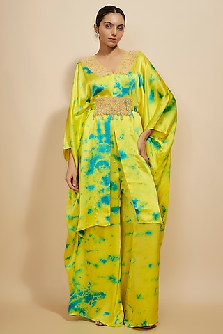 Yellow & Blue Pure Satin Silk Embroidered Tie-Dye Kaftan Set by Akanksha Gajria