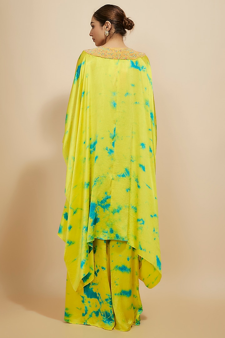Yellow & Blue Pure Satin Silk Embroidered Tie-Dye Kaftan Set by Akanksha Gajria at Pernia's Pop Up Shop