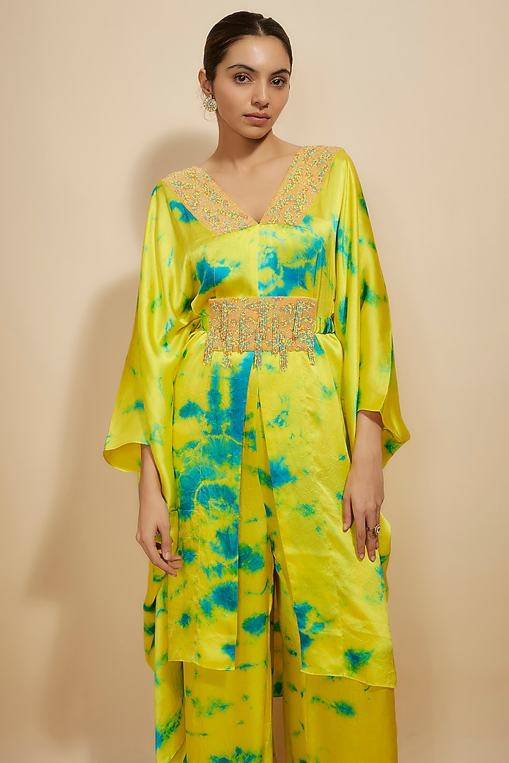 Yellow & Blue Pure Satin Silk Embroidered Tie-Dye Kaftan Set by Akanksha Gajria at Pernia's Pop Up Shop