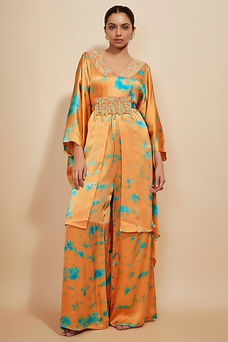 Orange & Blue Pure Satin Silk Embroidered Tie-Dye Kaftan Set by Akanksha Gajria