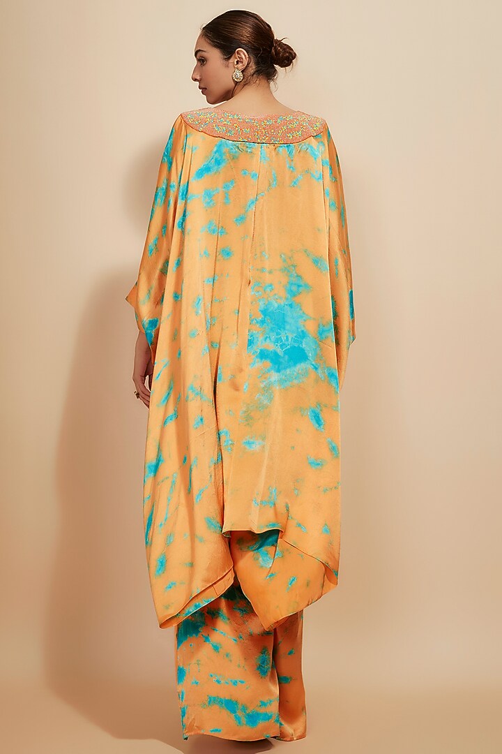 Orange & Blue Pure Satin Silk Embroidered Tie-Dye Kaftan Set by Akanksha Gajria at Pernia's Pop Up Shop