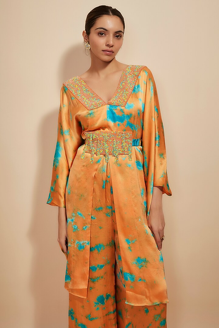 Orange & Blue Pure Satin Silk Embroidered Tie-Dye Kaftan Set by Akanksha Gajria at Pernia's Pop Up Shop