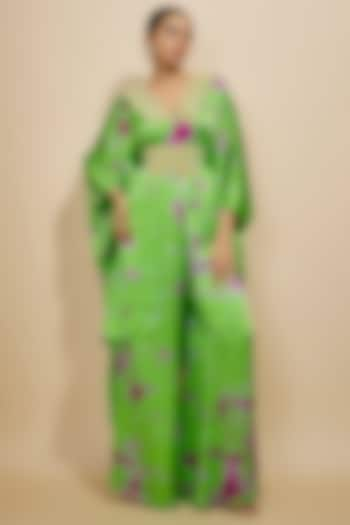 Green & Purple Pure Satin Silk Embroidered Tie-Dye Kaftan Set by Akanksha Gajria at Pernia's Pop Up Shop