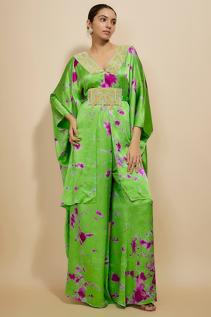 Green & Purple Pure Satin Silk Embroidered Tie-Dye Kaftan Set by Akanksha Gajria at Pernia's Pop Up Shop