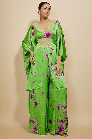 Green & Purple Pure Satin Silk Embroidered Tie-Dye Kaftan Set by Akanksha Gajria