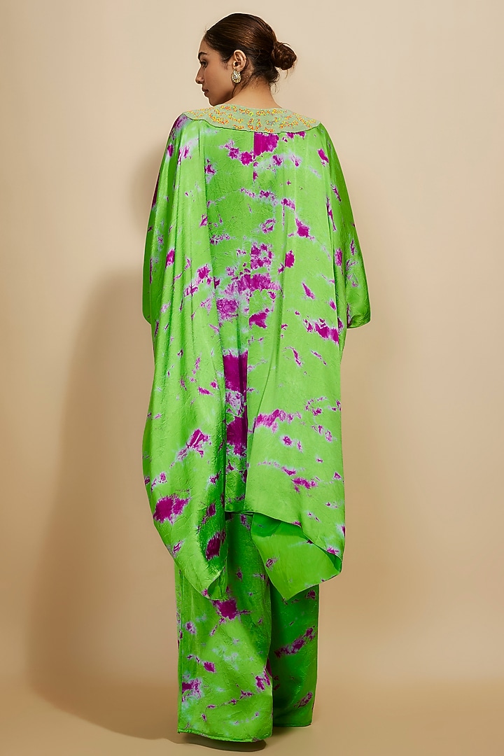 Green & Purple Pure Satin Silk Embroidered Tie-Dye Kaftan Set by Akanksha Gajria at Pernia's Pop Up Shop