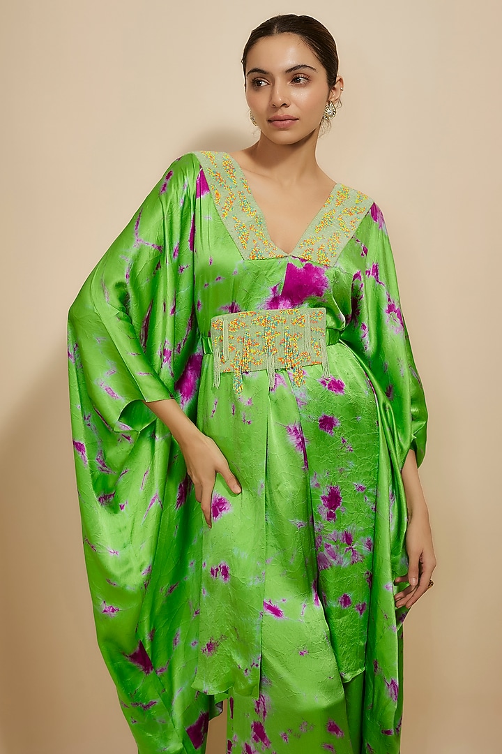 Green & Purple Pure Satin Silk Embroidered Tie-Dye Kaftan Set by Akanksha Gajria at Pernia's Pop Up Shop