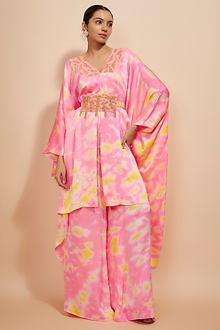 Pink & Yellow Pure Satin Silk Embroidered Tie-Dye Kaftan Set by Akanksha Gajria