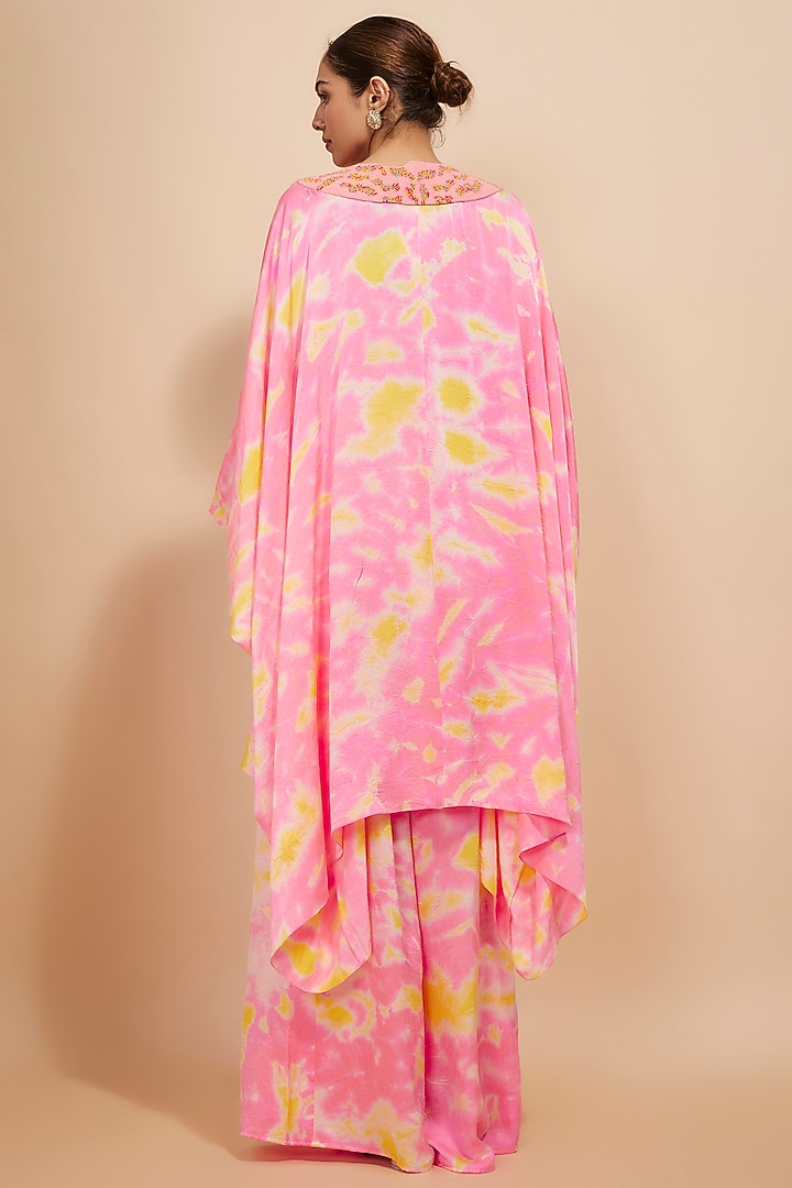 Pink & Yellow Pure Satin Silk Embroidered Tie-Dye Kaftan Set by Akanksha Gajria at Pernia's Pop Up Shop
