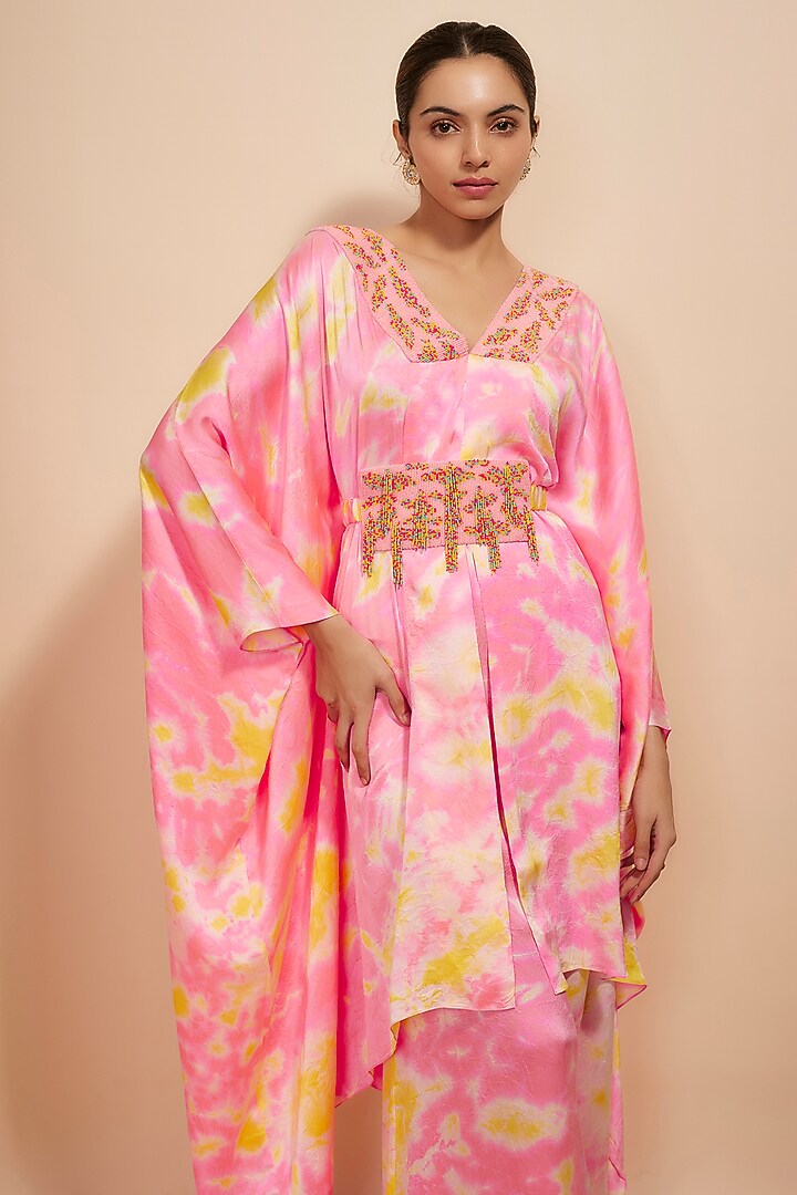 Pink & Yellow Pure Satin Silk Embroidered Tie-Dye Kaftan Set by Akanksha Gajria at Pernia's Pop Up Shop