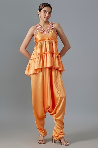 Orange Pure Satin Silk Dhoti Set by Akanksha Gajria