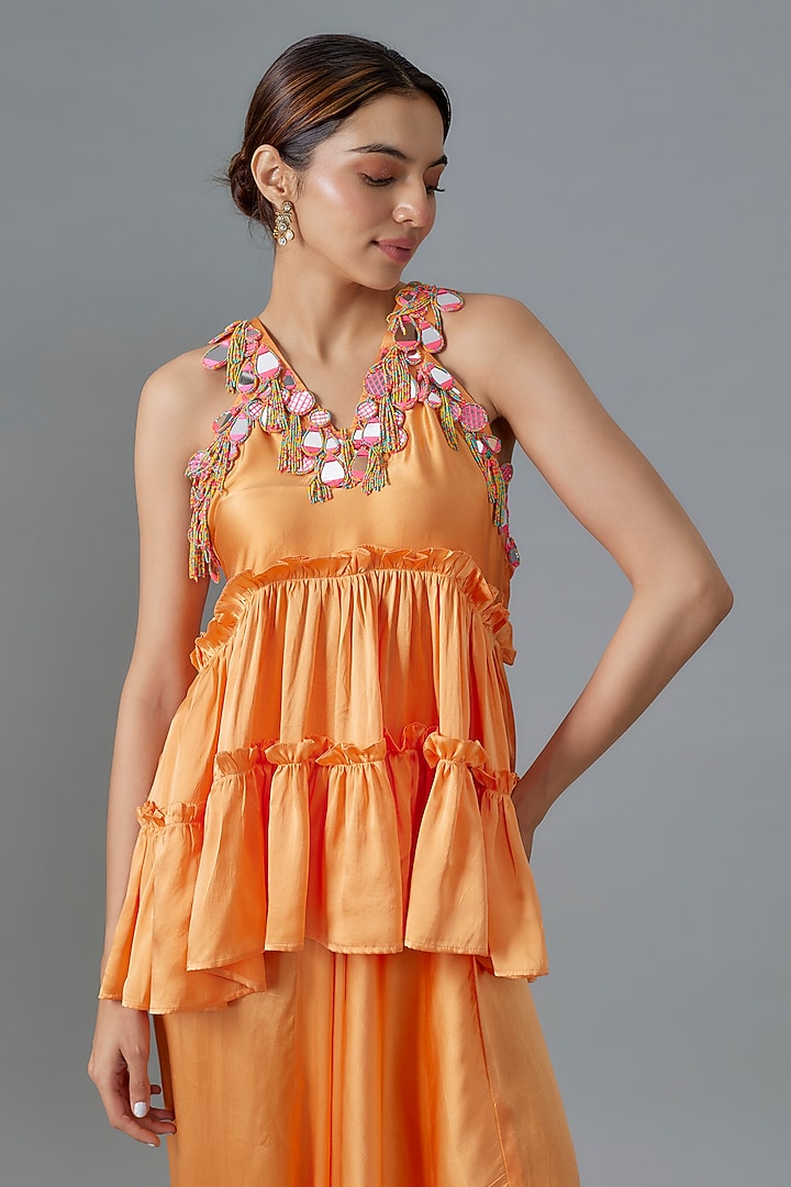 Orange Pure Satin Silk Dhoti Set by Akanksha Gajria at Pernia's Pop Up Shop
