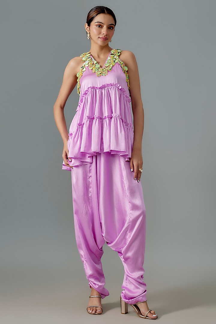 Lilac Pure Satin Silk Dhoti Set by Akanksha Gajria at Pernia's Pop Up Shop