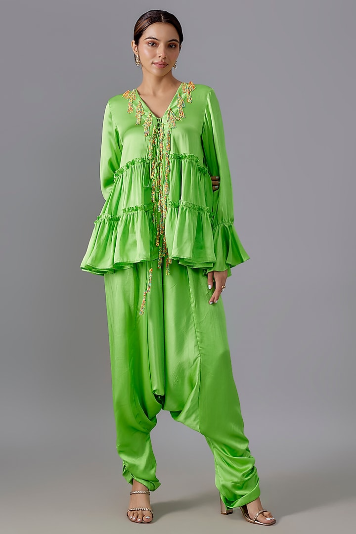 Green Pure Satin Silk Dhoti Set by Akanksha Gajria at Pernia's Pop Up Shop