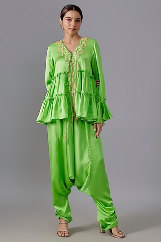 Green Pure Satin Silk Dhoti Set by Akanksha Gajria