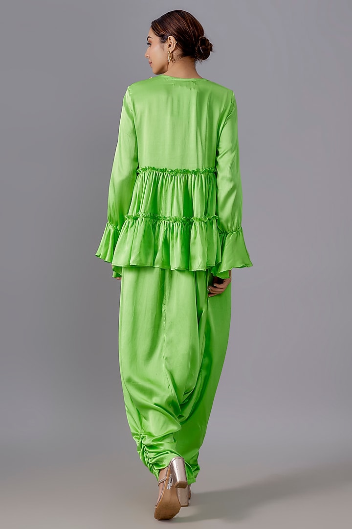 Green Pure Satin Silk Dhoti Set by Akanksha Gajria at Pernia's Pop Up Shop
