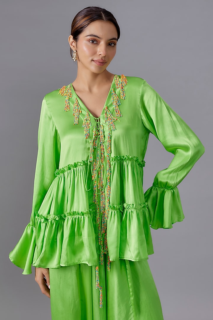Green Pure Satin Silk Dhoti Set by Akanksha Gajria at Pernia's Pop Up Shop