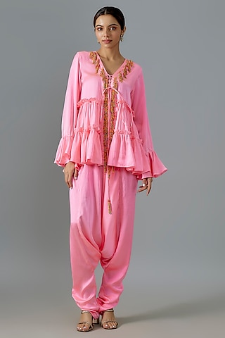 Pink Pure Satin Silk Dhoti Set by Akanksha Gajria