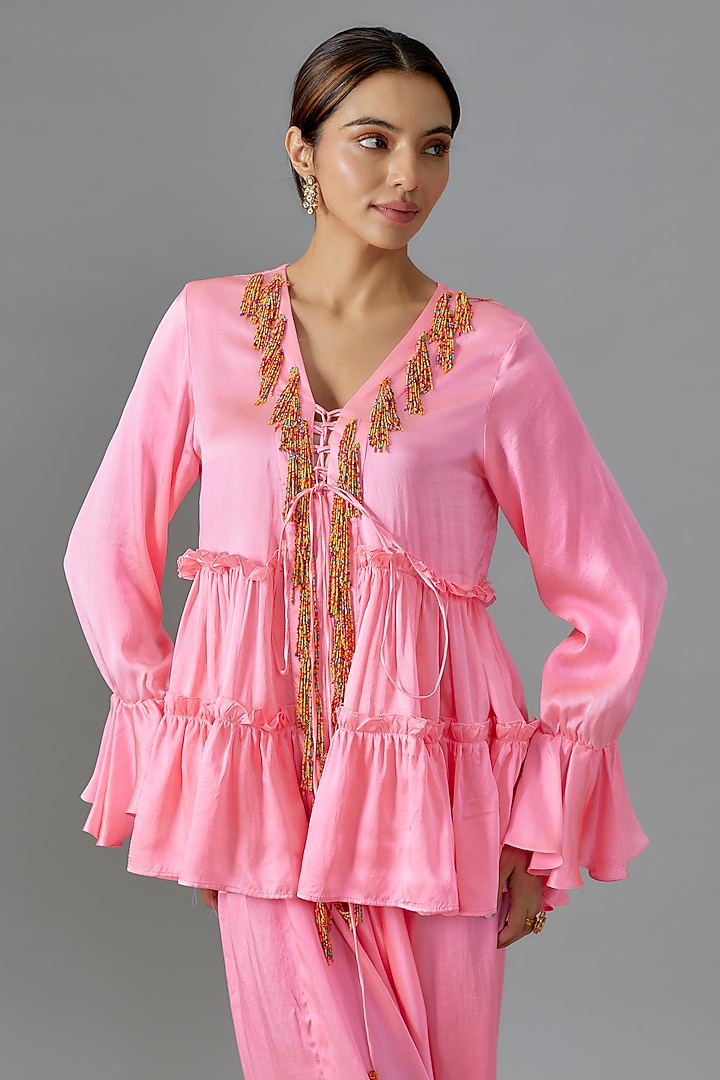 Pink Pure Satin Silk Dhoti Set by Akanksha Gajria at Pernia's Pop Up Shop