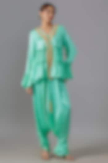 Aqua Pure Satin Silk Dhoti Set by Akanksha Gajria at Pernia's Pop Up Shop