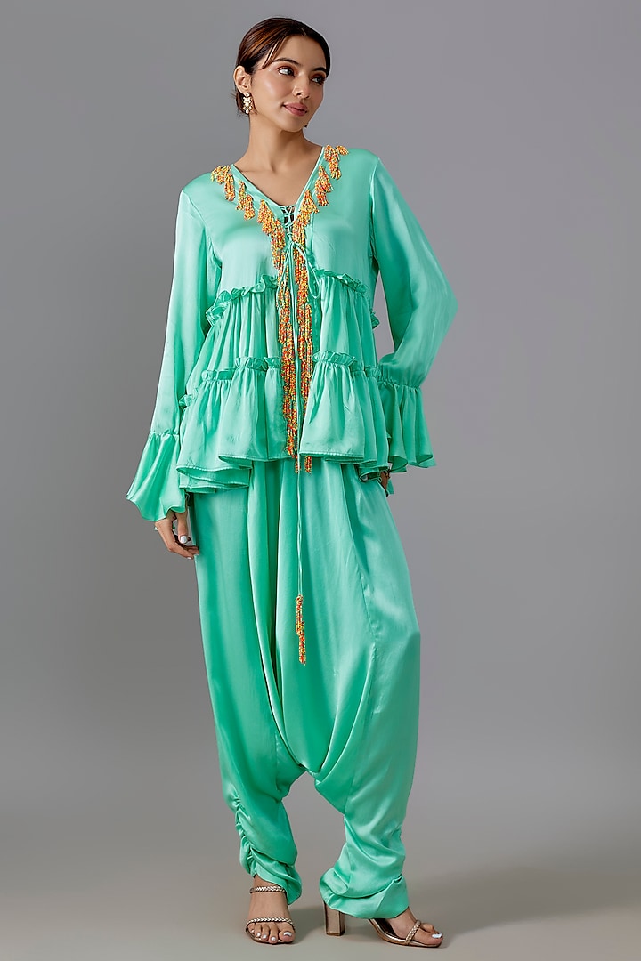 Aqua Pure Satin Silk Dhoti Set by Akanksha Gajria at Pernia's Pop Up Shop