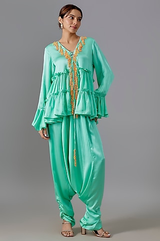 Aqua Pure Satin Silk Dhoti Set by Akanksha Gajria