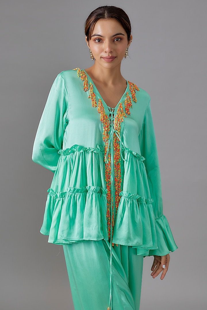 Aqua Pure Satin Silk Dhoti Set by Akanksha Gajria at Pernia's Pop Up Shop
