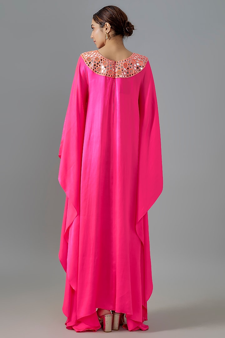 Hot Pink Pure Satin Silk Mirror Embroidered Kurta by Akanksha Gajria at Pernia's Pop Up Shop