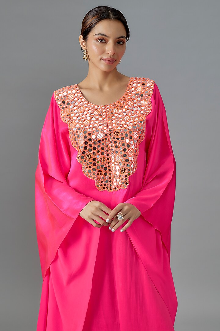 Hot Pink Pure Satin Silk Mirror Embroidered Kurta by Akanksha Gajria at Pernia's Pop Up Shop