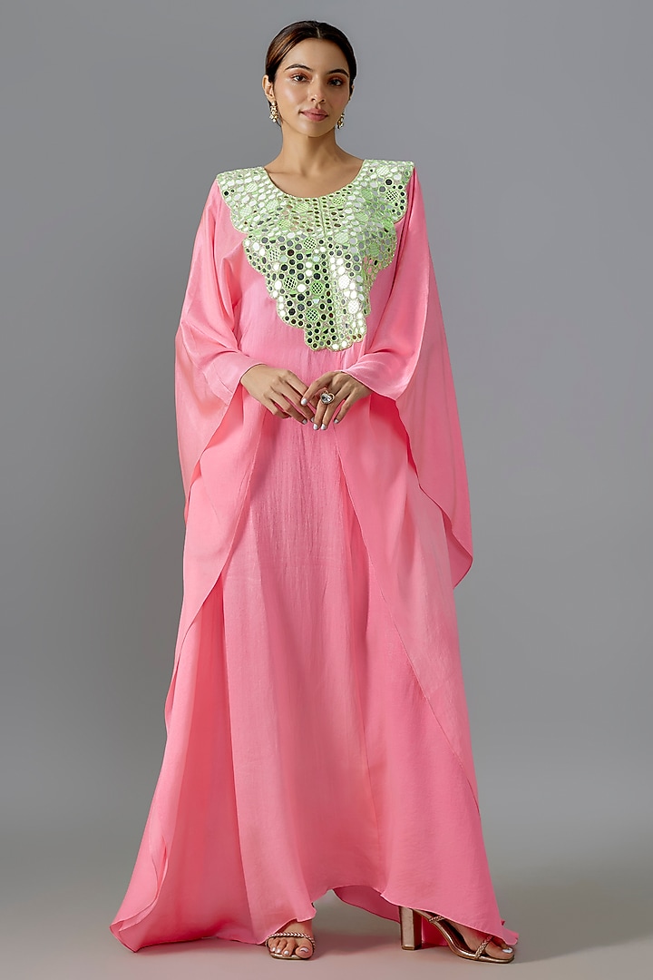 Candy Pink Pure Satin Silk Mirror Embroidered Kurta by Akanksha Gajria at Pernia's Pop Up Shop