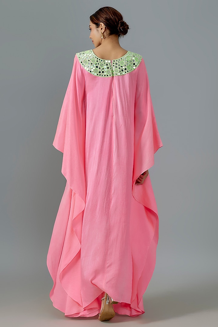 Candy Pink Pure Satin Silk Mirror Embroidered Kurta by Akanksha Gajria at Pernia's Pop Up Shop