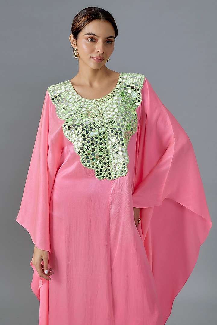 Candy Pink Pure Satin Silk Mirror Embroidered Kurta by Akanksha Gajria at Pernia's Pop Up Shop