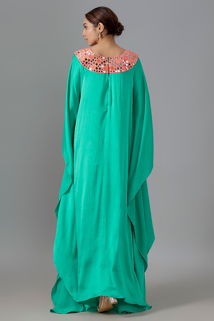 Turquoise Pure Satin Silk Mirror Embroidered Kurta by Akanksha Gajria at Pernia's Pop Up Shop