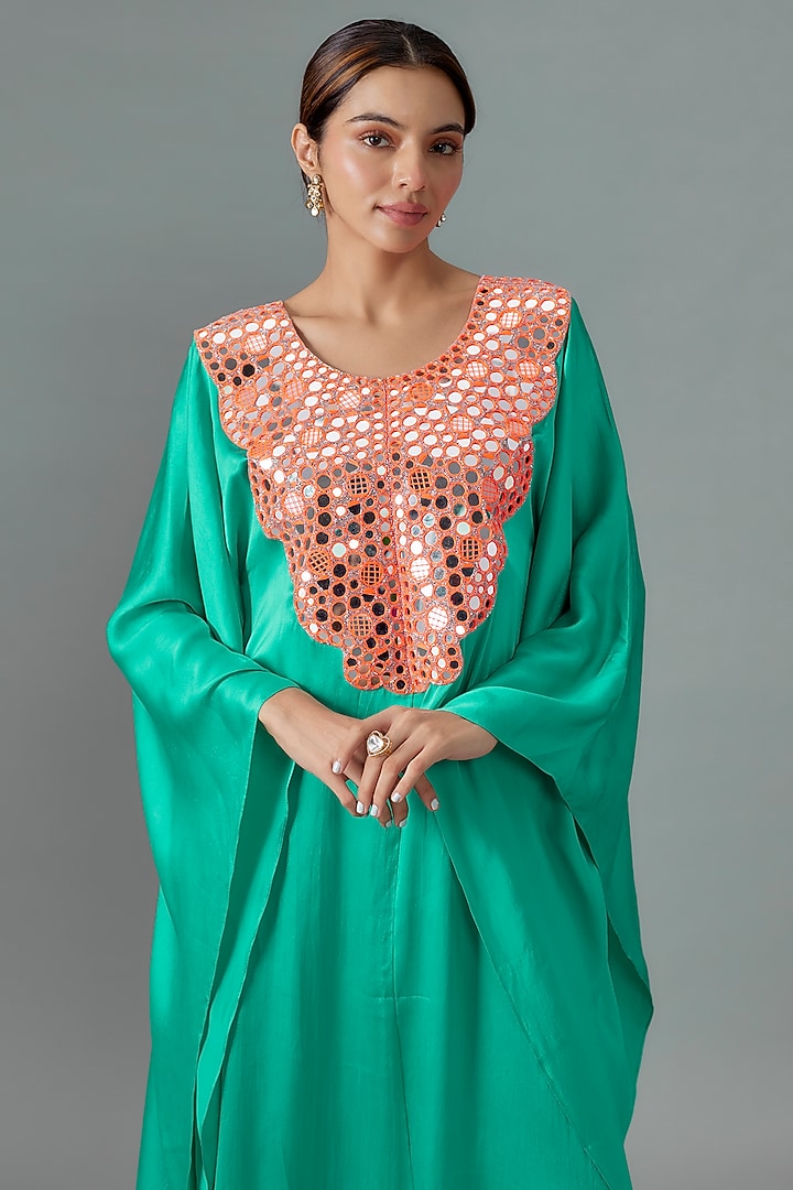 Turquoise Pure Satin Silk Mirror Embroidered Kurta by Akanksha Gajria at Pernia's Pop Up Shop