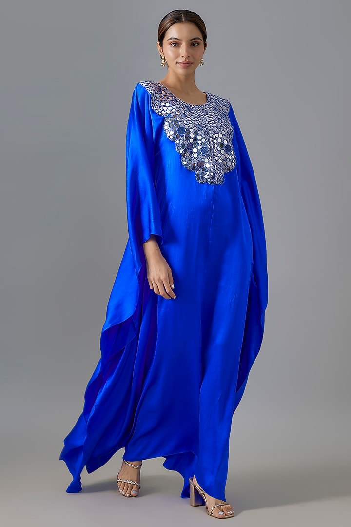 Navy Blue Pure Satin Silk Mirror Embroidered Kurta by Akanksha Gajria at Pernia's Pop Up Shop