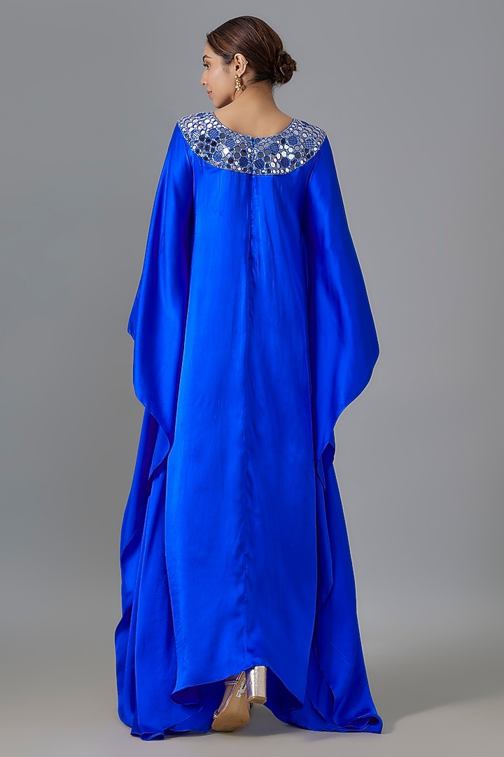 Navy Blue Pure Satin Silk Mirror Embroidered Kurta by Akanksha Gajria at Pernia's Pop Up Shop