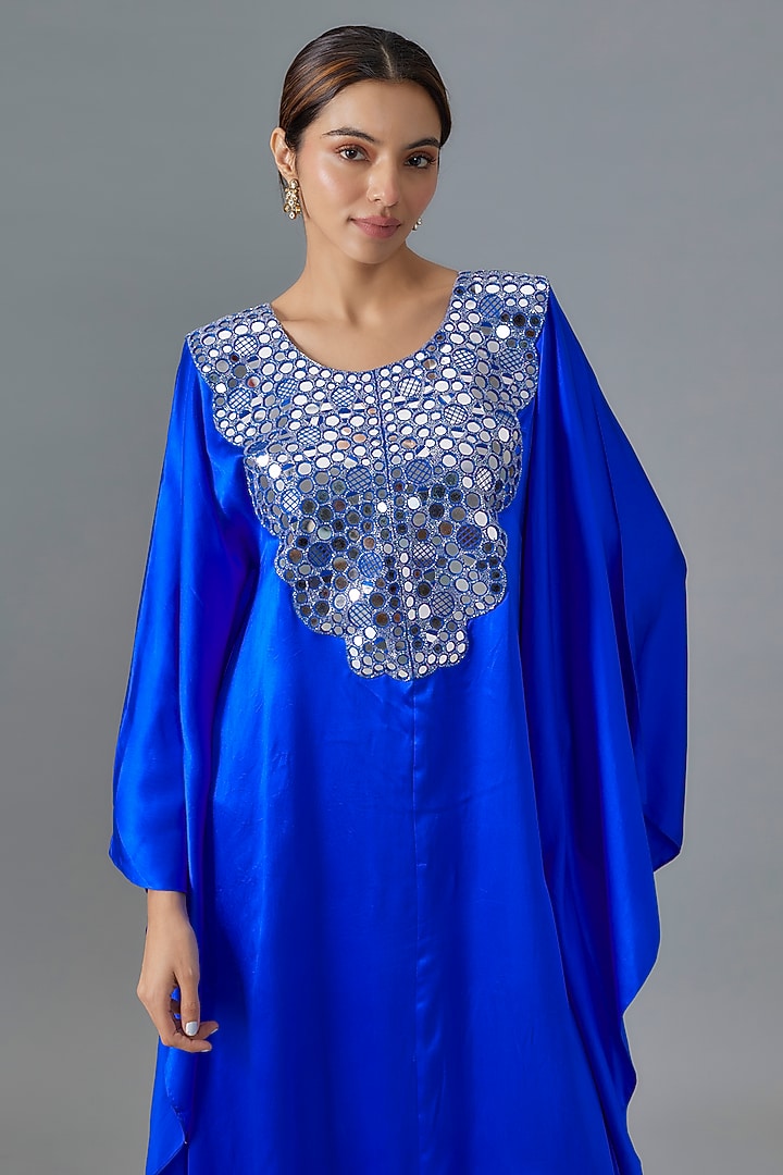 Navy Blue Pure Satin Silk Mirror Embroidered Kurta by Akanksha Gajria at Pernia's Pop Up Shop