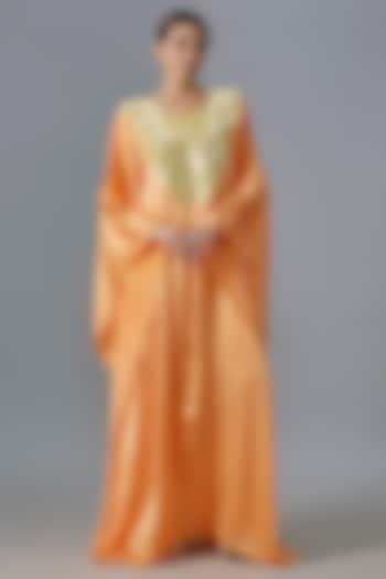 Burnt Orange Pure Satin Silk Mirror Embroidered Kurta by Akanksha Gajria at Pernia's Pop Up Shop