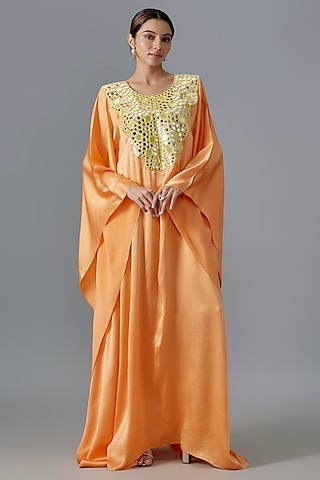 Burnt Orange Pure Satin Silk Mirror Embroidered Kurta by Akanksha Gajria